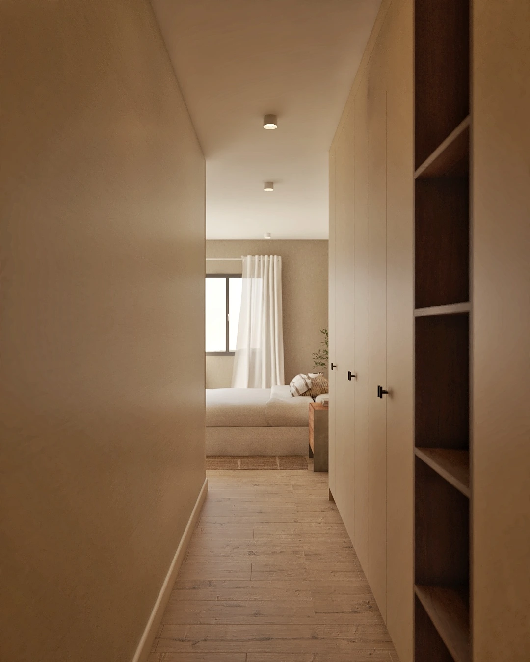 Dormitorio con luz natural y textiles cálidos en reforma integral de vivienda