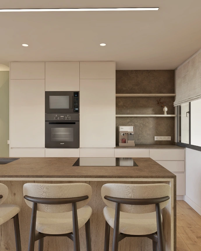 Cocina moderna con electrodomésticos integrados y isla funcional