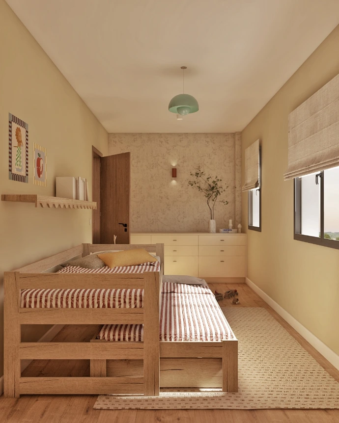 Dormitorio juvenil con diseño funcional y tonos neutros en vivienda en Alicante