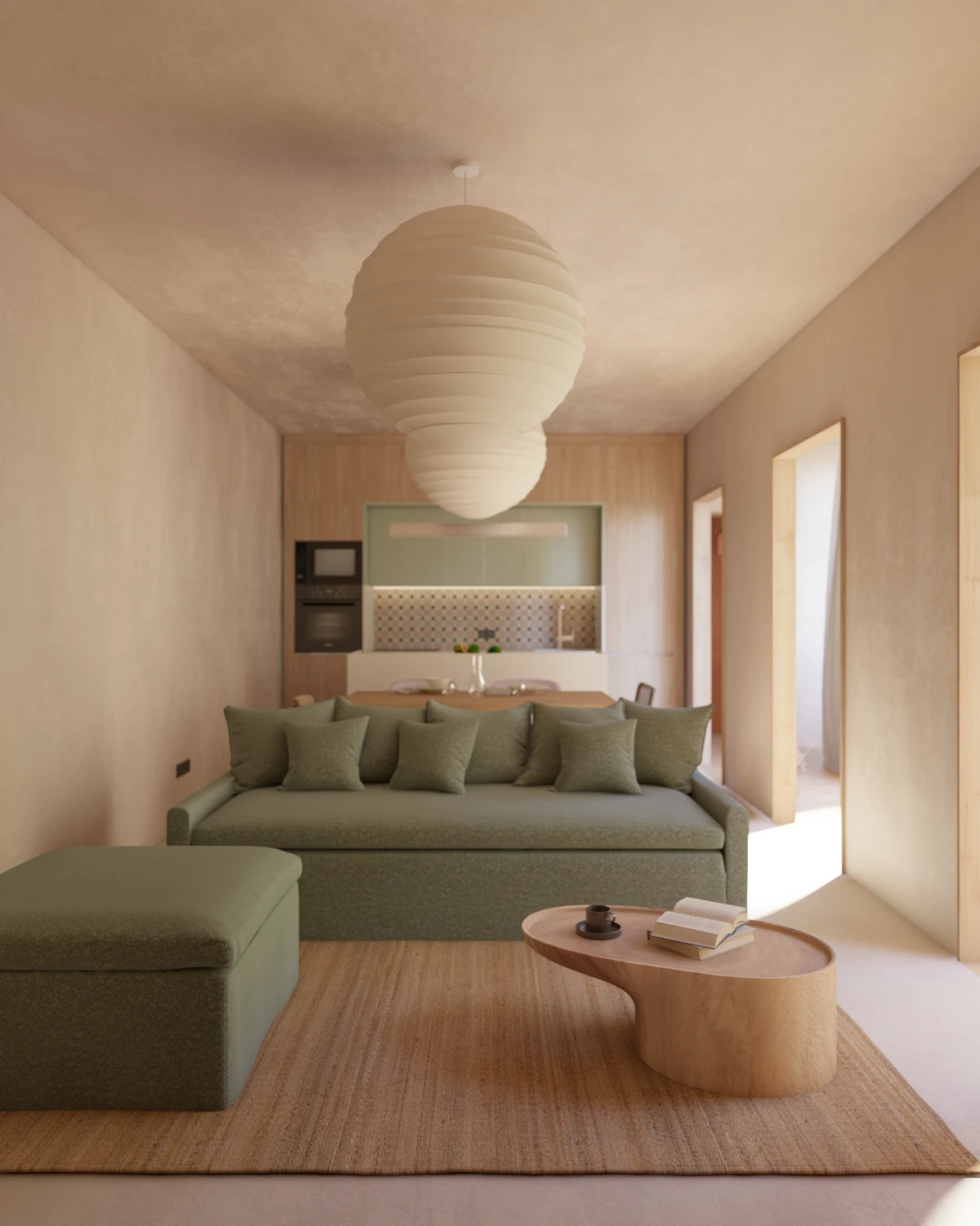 Salón de diseño minimalista con tonos neutros y mobiliario a medida